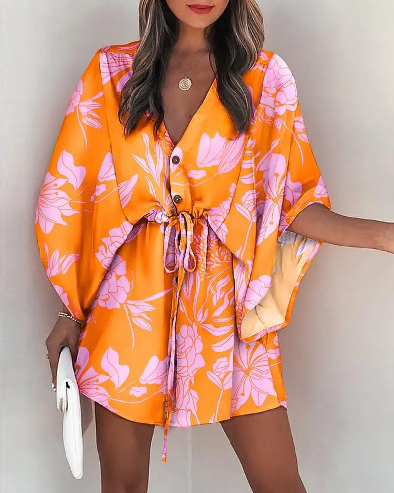 Women Batwing Sleeve Dresses Boho Leaf Print V-Neck Irregular Loose Mini Dress Female Sexy Lace-Up Waist Beach Dress Vestido