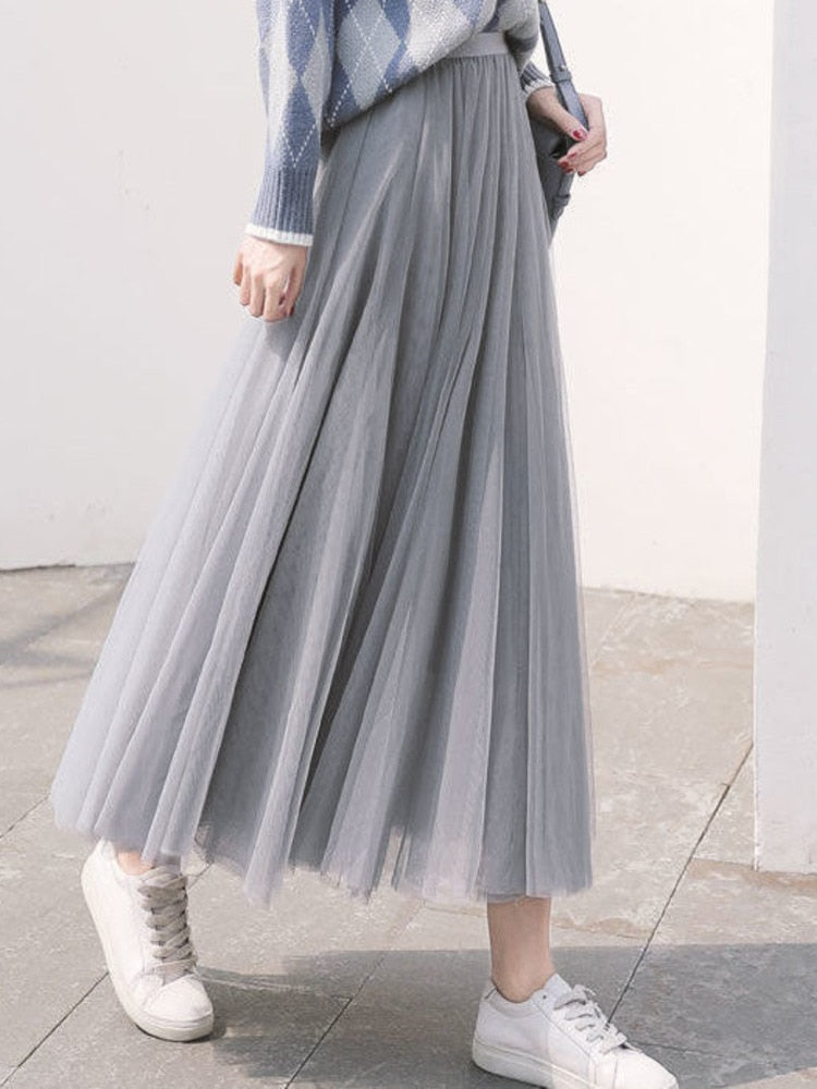 3 layers Midi Summer Tulle Skirt Women 2023 Ladies Casual White Black High Waist Pleated Sun School Long Skirt Female