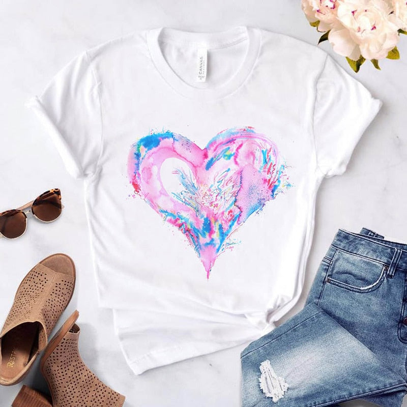 Heart Flower Print Womens T-Shirt Ladies Casual Basis O-Collar White Shirt Short Sleeve Ladies T-Shirt Love Graphic Printing