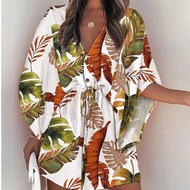 Women Batwing Sleeve Dresses Boho Leaf Print V-Neck Irregular Loose Mini Dress Female Sexy Lace-Up Waist Beach Dress Vestido