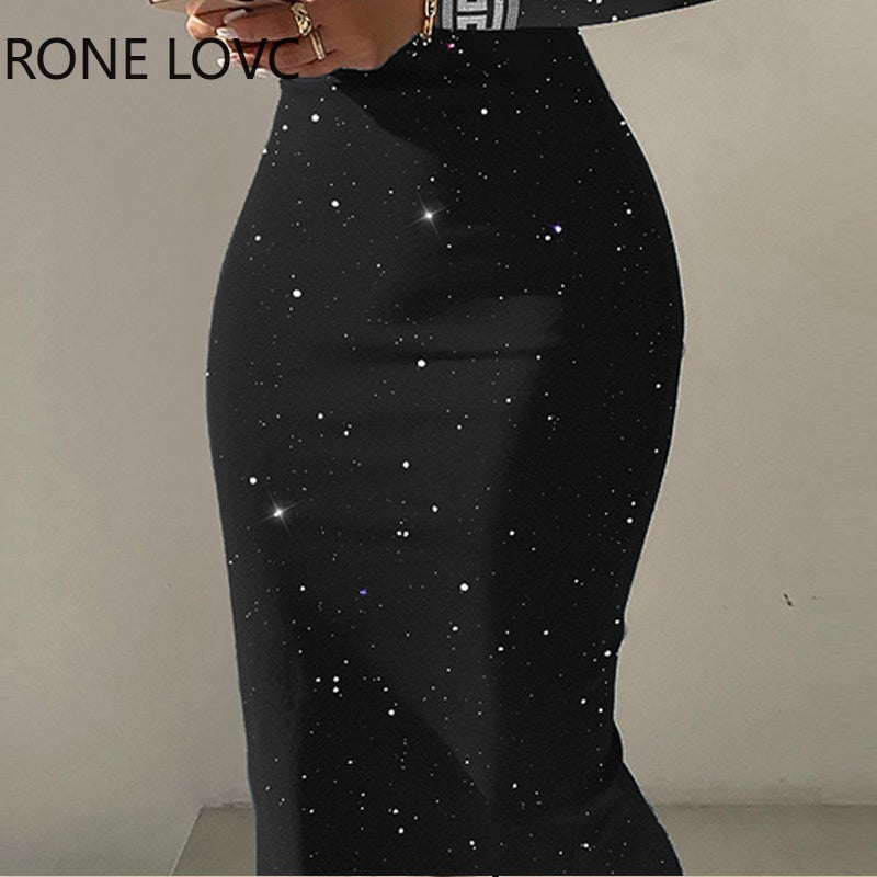 Women Elegant Glitter Geo Print Slash Neck Bodycon Long Sleeves Midi Black Dresses