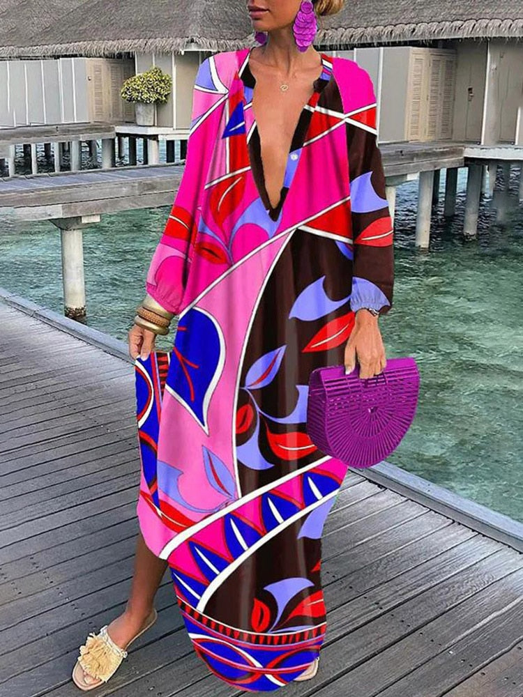 Women Sexy Deep V-Neck Maxi Dresses Bohemian Lantern Sleeve Printed Long Dress Female Vintage Holiday Loose Beach Cover Up Robe