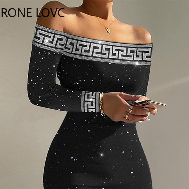 Women Elegant Glitter Geo Print Slash Neck Bodycon Long Sleeves Midi Black Dresses