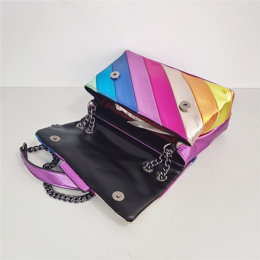 Rainbow Wave Pattern Women Handbag Eagle Head On The Front Flap Jointing Colorful Cross Body Bag Patchwork Pu Leather