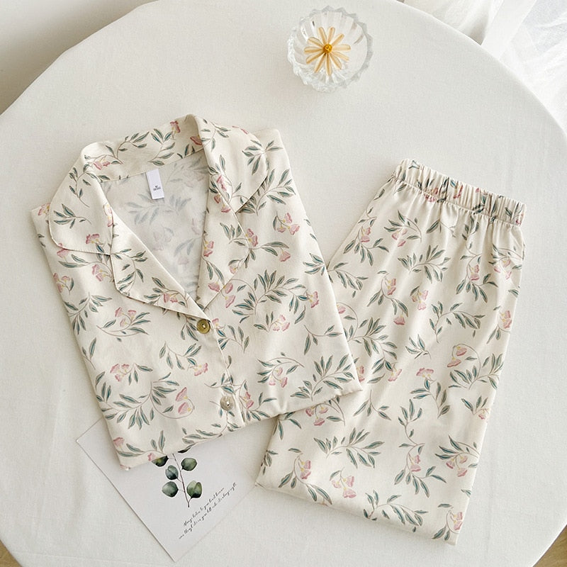 SXTHAENOO Pijama Flower Print Women's Pajama Sets Lapel White Sexy Lingerie Sleepwear Pajamas Home Wear Nightwear Clothing