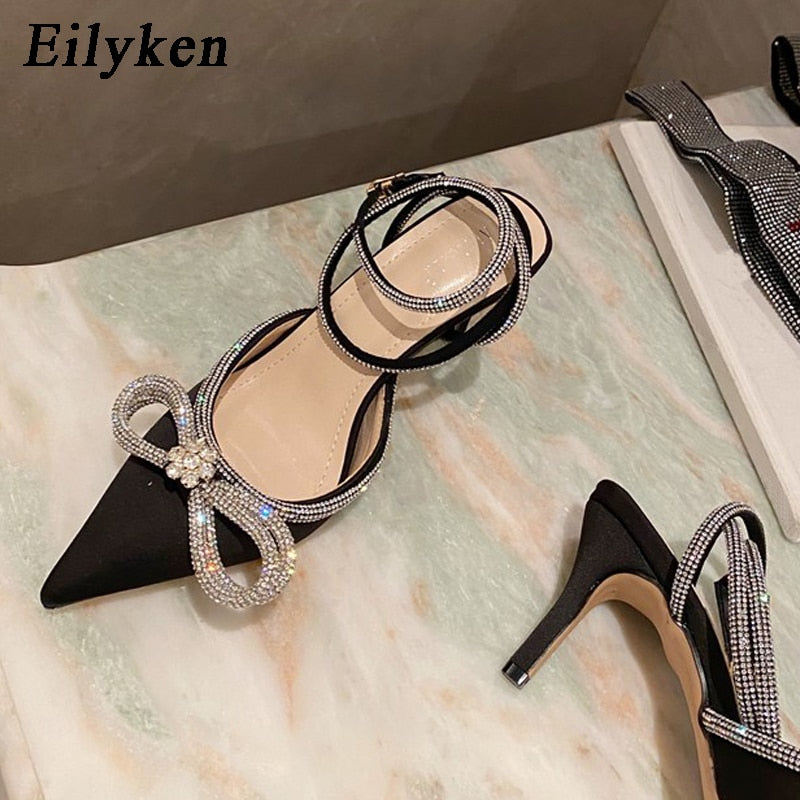 Eilyken Style Glitter Rhinestones Silk Women Pumps Crystal Bowknot Satin Spring Autumn Lady High Heels Party Prom Shoes