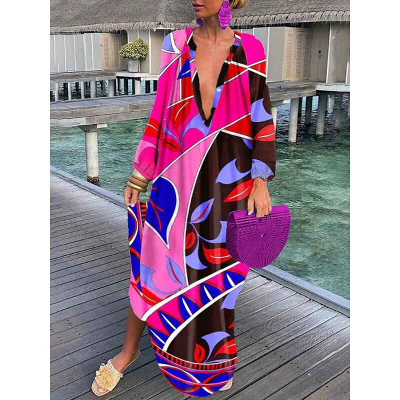 Women Sexy Deep V-Neck Maxi Dresses Bohemian Lantern Sleeve Printed Long Dress Female Vintage Holiday Loose Beach Cover Up Robe