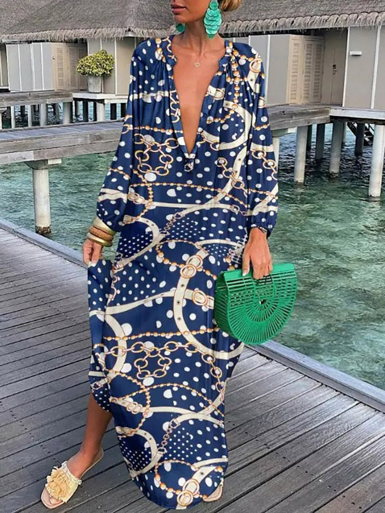 Women Sexy Deep V-Neck Maxi Dresses Bohemian Lantern Sleeve Printed Long Dress Female Vintage Holiday Loose Beach Cover Up Robe