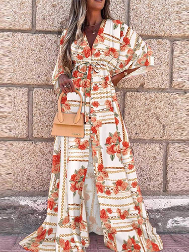 Summer Print Casual Women Dresses Oversized Holiday Beach Dress Boho Long Cover-Up Dress Female Long Sleeve Loose Tunic Dress