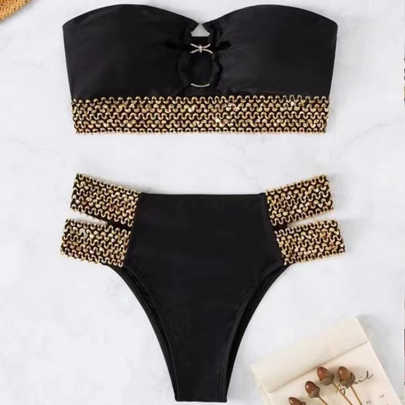 Black Bikini Women 2023 Sexy Swimsuit Female High Waist 2 Piece Swimwear Solid Swimming Bandeau Bathing Suit Beachwear Biquini