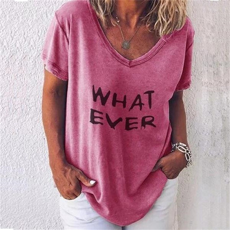 Summer Women T Shirt Letter Print Solid Clothing V Neck Short Sleeve Basic Tops Streetwear Tees Fashion Oversized Girls T-shirts