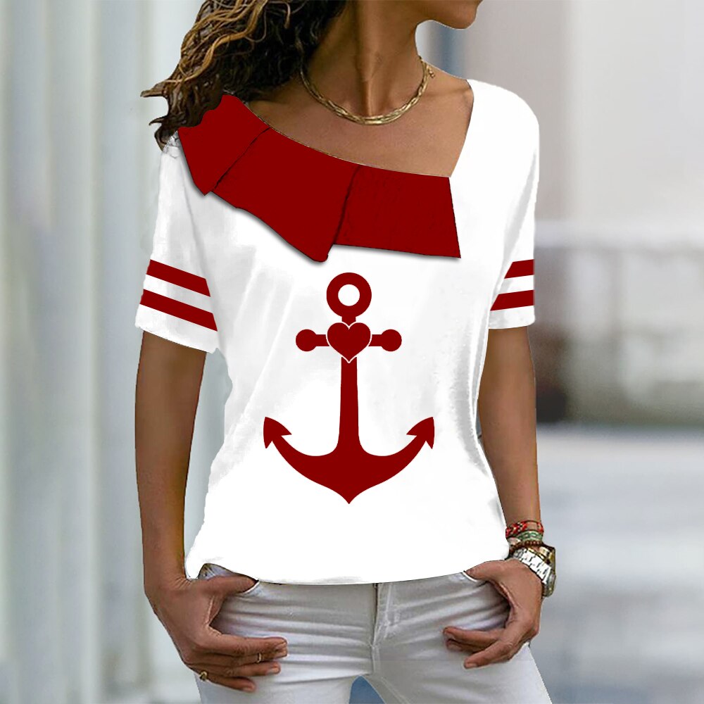 Summer Shirts Women T Shirt Short Sleeve Tops Anchor Graphic Clothing Everyday Streetwear V-Neck Pullovers For Women's Tees 2023