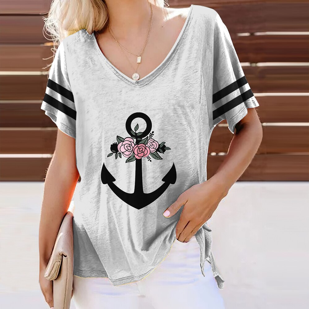 Summer Shirts Women T Shirt Short Sleeve Tops Anchor Graphic Clothing Everyday Streetwear V-Neck Pullovers For Women's Tees 2023