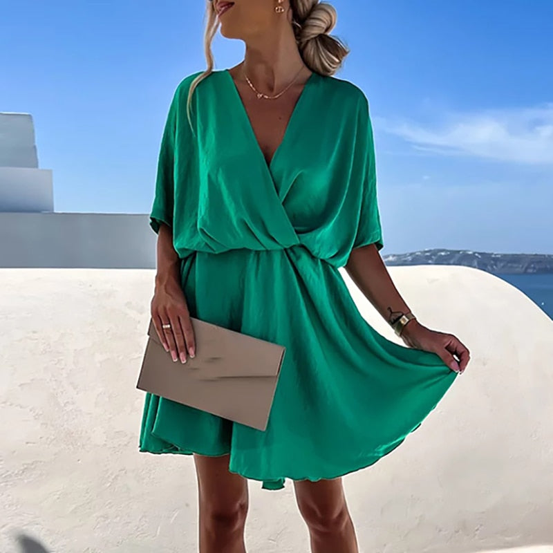 Sexy V Neck Dresses For Women Elegant Short Sleeve Solid A-line Loose Mini Dress Women Casual Beach Party Dress Boho 2022