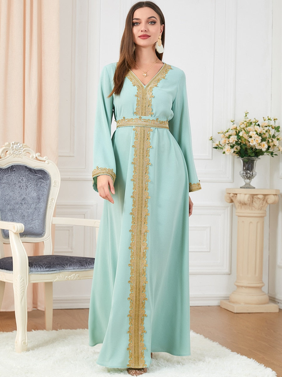 Dresses For Muslim Women Lace Embroidery V-Neck Long Sleeve Party Maxi Dress With Belt Elegant Moroccan Kaftan Turkey Wears