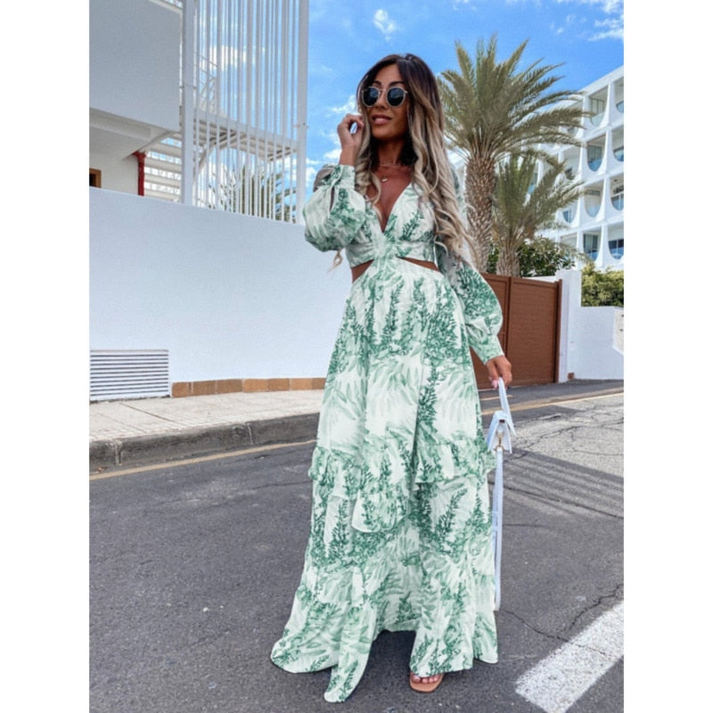 Women Vintage Maxi Dresses 2023 Summer Sexy Deep V-Neck Long Sleeve Boho Print Long Dresses Female Beach Cover Up Elegant Robe