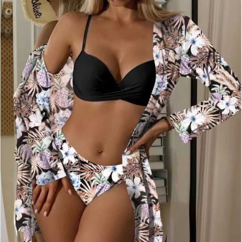 New Sexy Low Waist Bikini Three Piece Mesh Long Sleeve Shawl Blouse Split Body Tight Print Small Fresh Beach Swimsuit