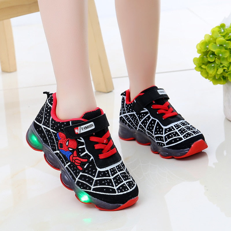 Marvel Spiderman LED Shoes Kids Glowing Sneakers Breathable Mesh Sports Soft Light Up Shoes Baby Girls Boys Children Toys Gift