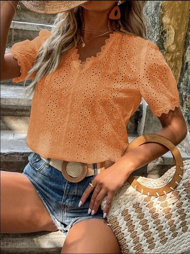 2022 Summer New Office Lady Elegant Fashion Lace Spliced Hollow Solid Shirt V-neck Puff Sleeve Leisure Pullover Blouse Femme