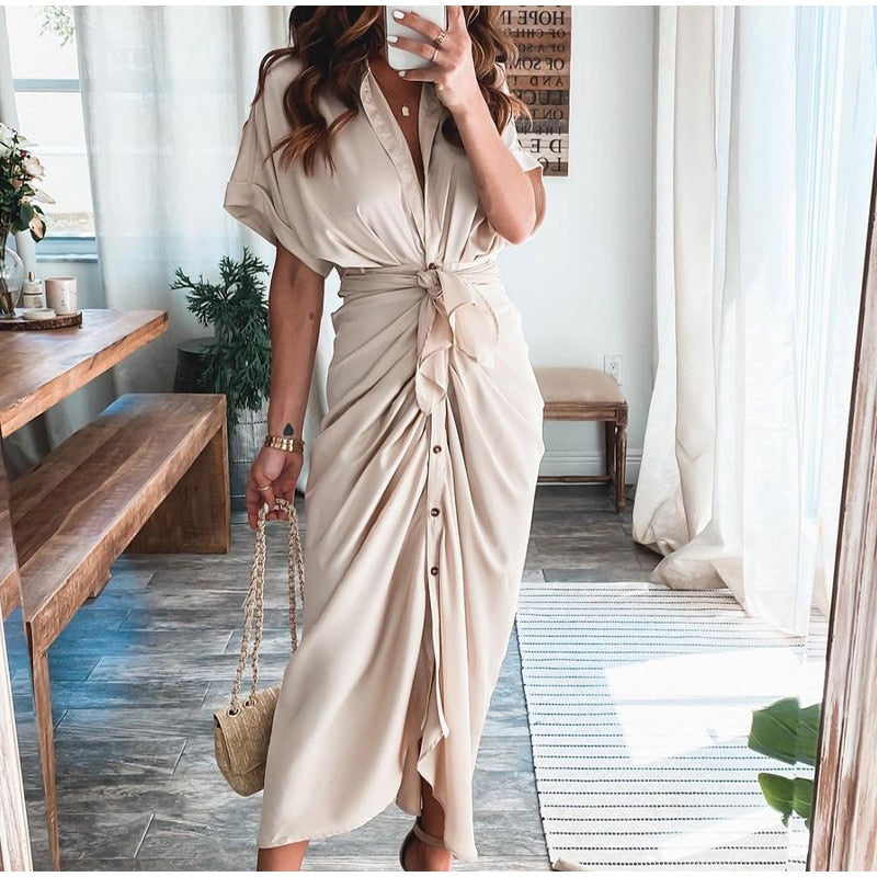 Women Elegant Shirt Dress Summer Fashion Printed Button Ruched Bandage Long Dresses Female Solid V Neck Beach Dress Casual Robe