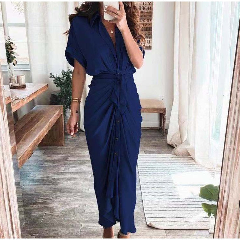 Women Elegant Shirt Dress Summer Fashion Printed Button Ruched Bandage Long Dresses Female Solid V Neck Beach Dress Casual Robe