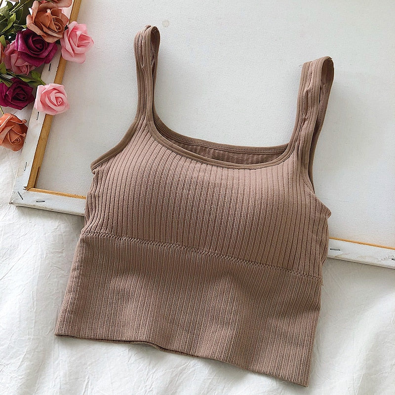 Seamless Crop Top Women Underwear Wire-Free U-Shaped Camisole Wide Straps Striped Solid Bralette Lingerie One-Piece Tube Tops