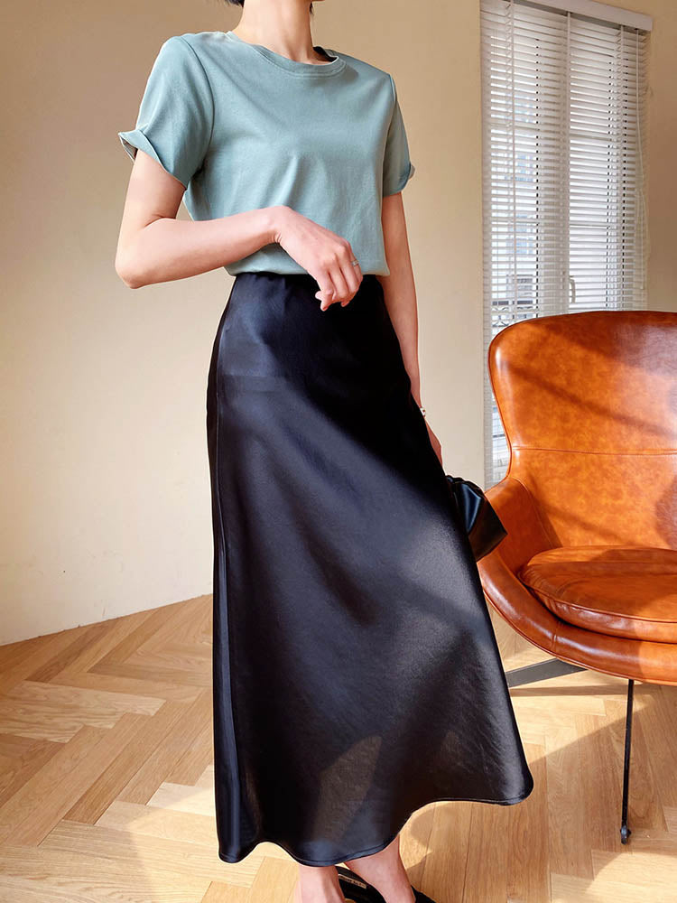 Elegant Women's Skirts Korean Fashion Satin Silk A-line Skirt Office Black Champagne Long Summer Skirts Woman Fashion 2023