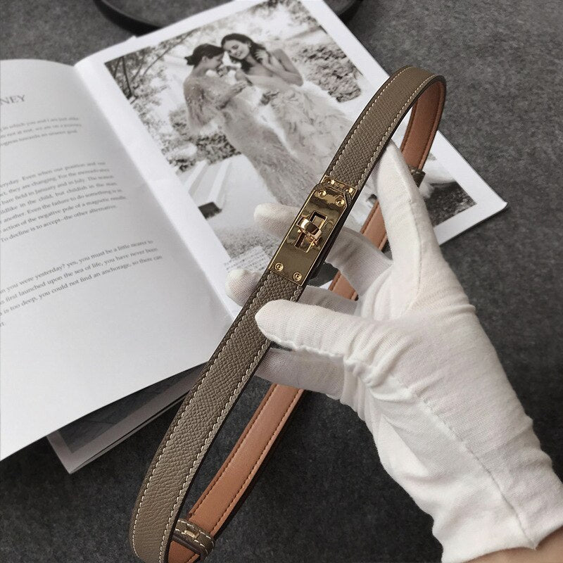 2022 New Luxury Brand High Quality Women Real Leather 1.8cm Width Belts Golden Lock Buckle Dress Jeans Sweater Waistband Belt