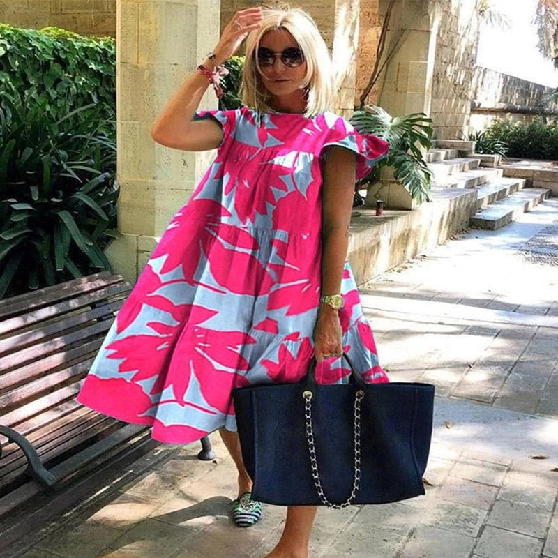 2023 New Summer Bohemian Dress Women Solid Color Short Sleeve Ruffled Midi Dresses Female Casual Holiay Beach Party Robe Dress