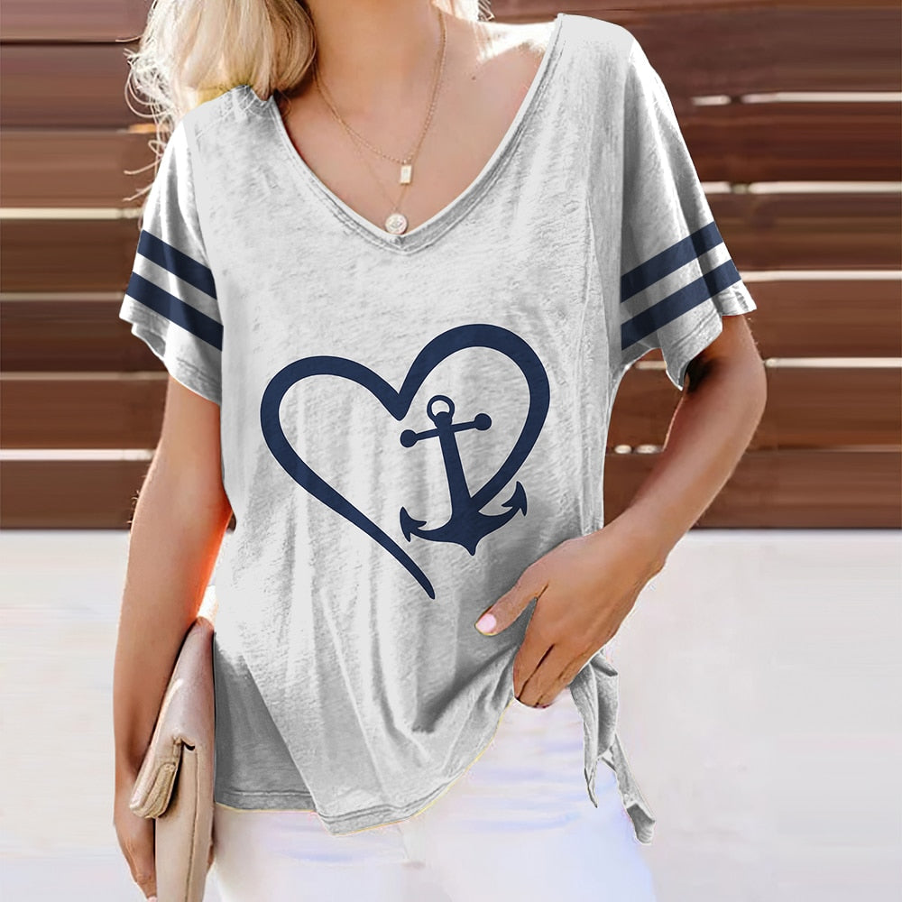 Summer Shirts Women T Shirt Short Sleeve Tops Anchor Graphic Clothing Everyday Streetwear V-Neck Pullovers For Women's Tees 2023