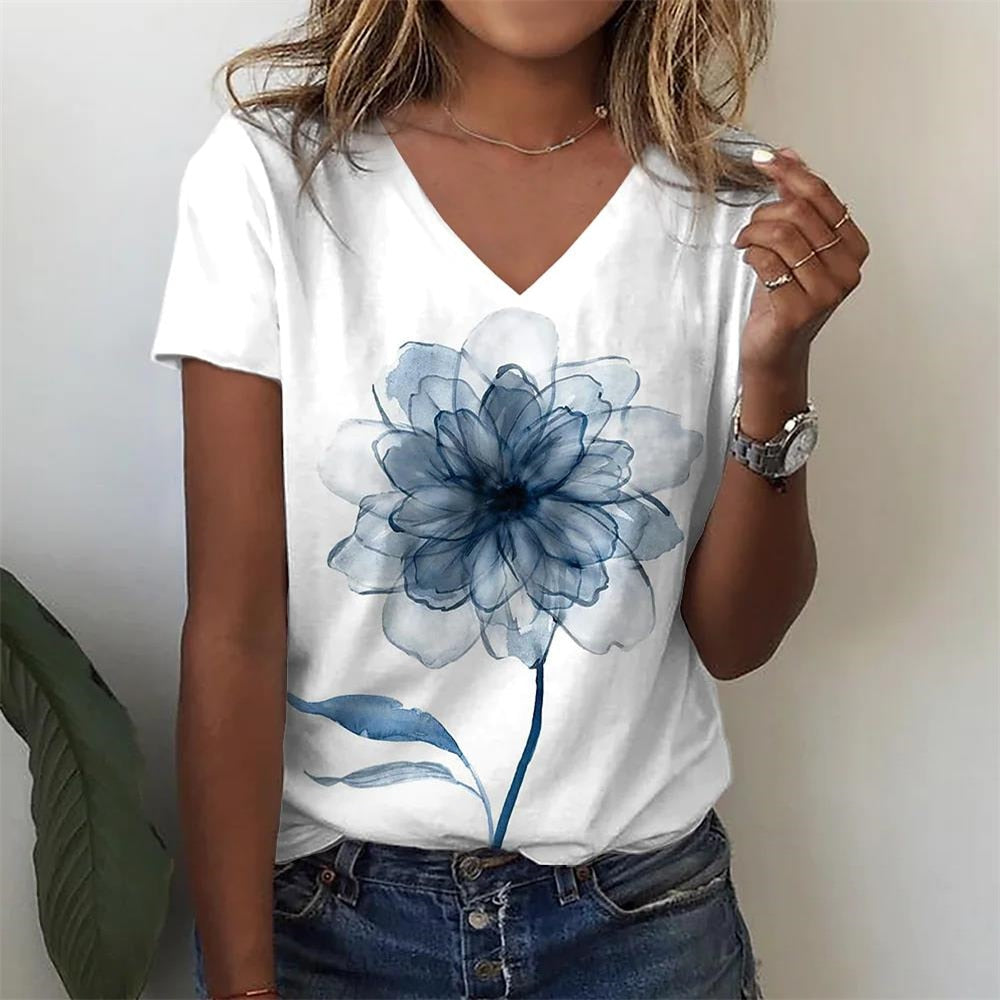 Summer Women Short Sleeve V-neck Oversized T Shirt for Women White Fashion Ladies T-shirt 3d Dragonfly Print Top Casual Clothes