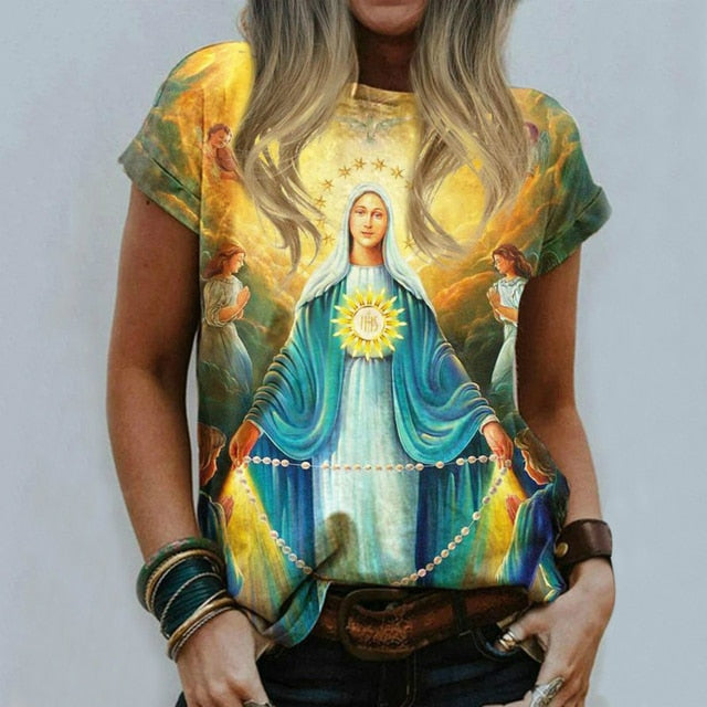 Harajuku Women's Casual T-shirt Neckline Street Dress Jesus Religious Cartoon 3D Print Short Sleeve Pullover