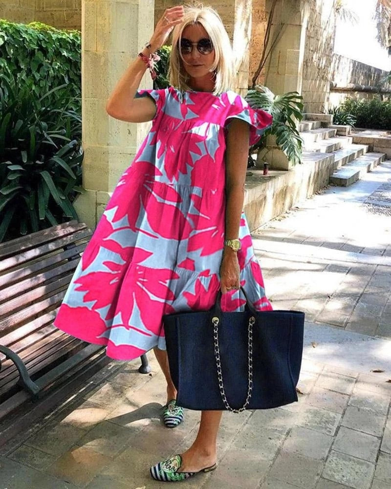 2023 New Summer Bohemian Dress Women Solid Color Short Sleeve Ruffled Midi Dresses Female Casual Holiay Beach Party Robe Dress