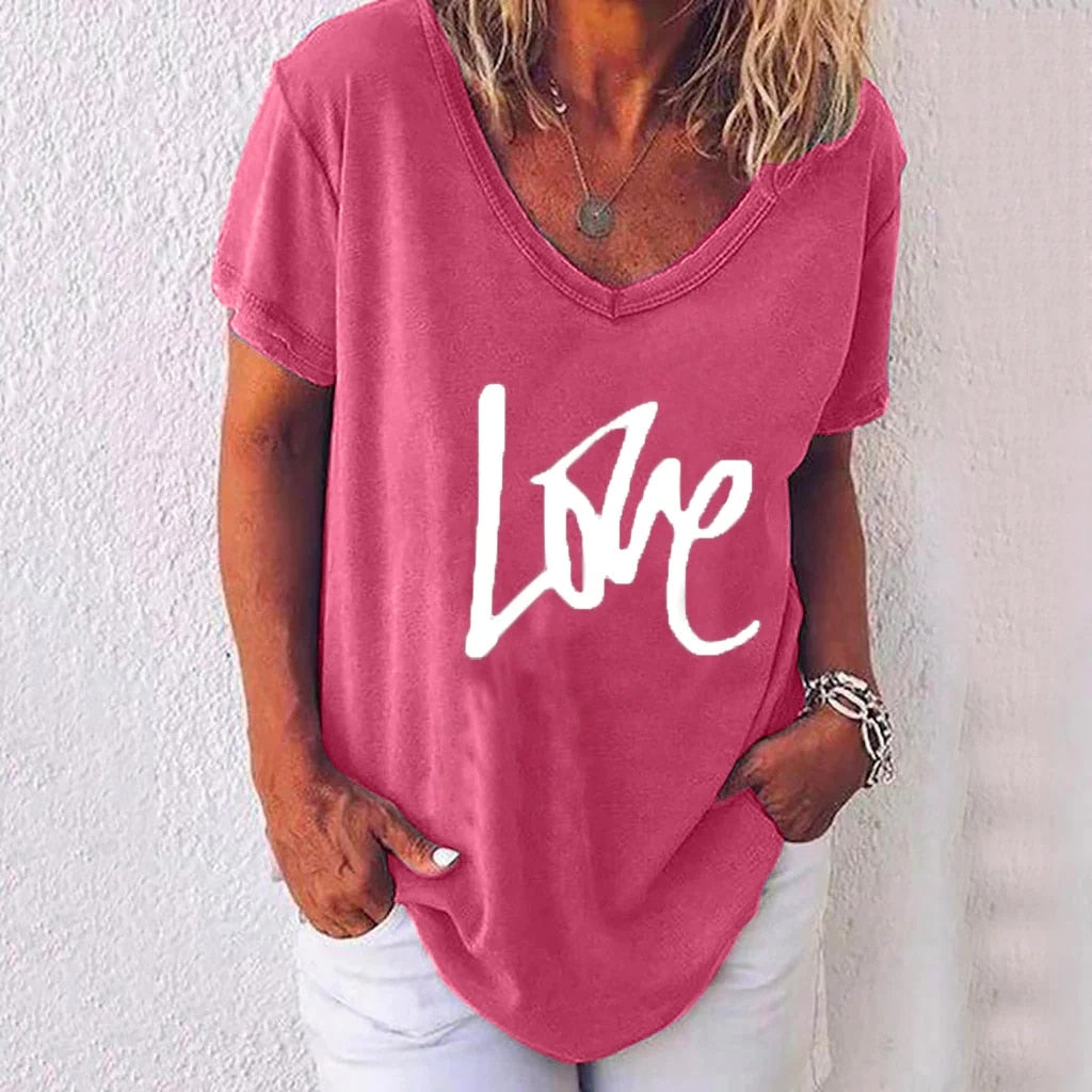 Summer Women T Shirt Letter Print Solid Clothing V Neck Short Sleeve Basic Tops Streetwear Tees Fashion Oversized Girls T-shirts