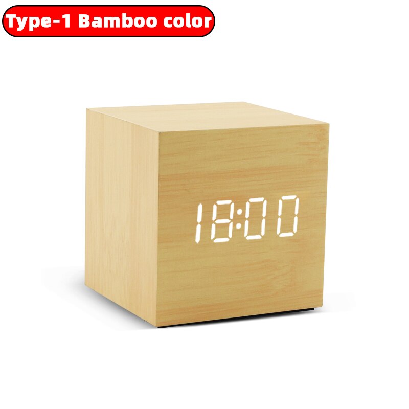 Alarm Clock Table Clock LED Digital Wooden USB/AAA Powered Desk Clock Temperature Humidity Voice Control Electronic Home Decor