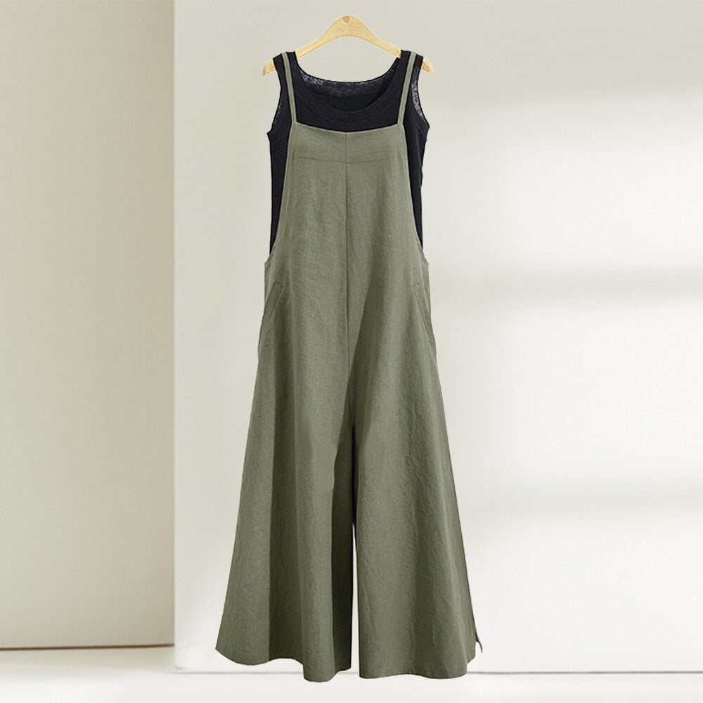 Casual Woman Jumpsuits 2023 Summer Solid Cotton Linen Straps Wide Leg Pants Comfort Pockets Sleeveless Bib Overalls Long Rompers