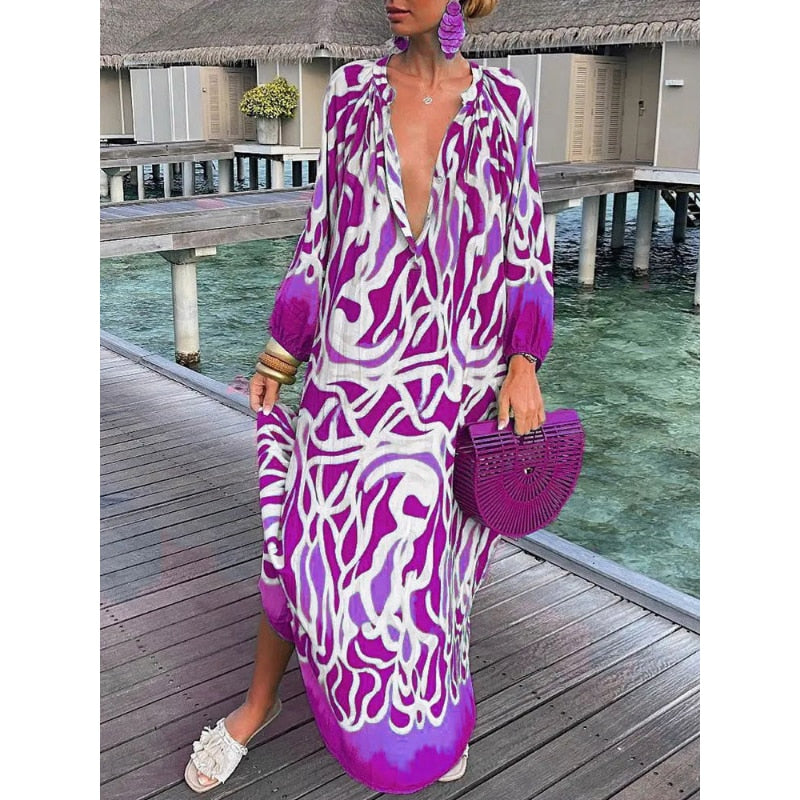 Women Sexy Deep V-Neck Maxi Dresses Bohemian Lantern Sleeve Printed Long Dress Female Vintage Holiday Loose Beach Cover Up Robe