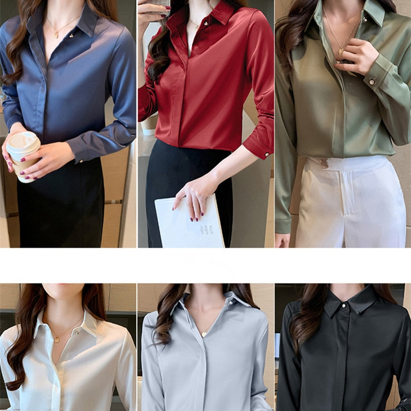 2023 Spring Women's Shirts Satin Blouse for Women Long Sleeve Shirt Silk White Shirt OL Woman Solid Blouses Pullover Ladies Tops