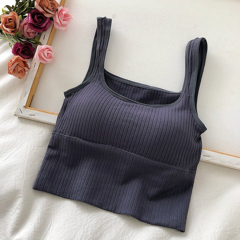 Seamless Crop Top Women Underwear Wire-Free U-Shaped Camisole Wide Straps Striped Solid Bralette Lingerie One-Piece Tube Tops