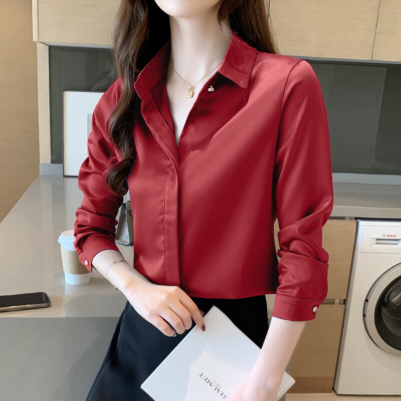 2023 Spring Women's Shirts Satin Blouse for Women Long Sleeve Shirt Silk White Shirt OL Woman Solid Blouses Pullover Ladies Tops