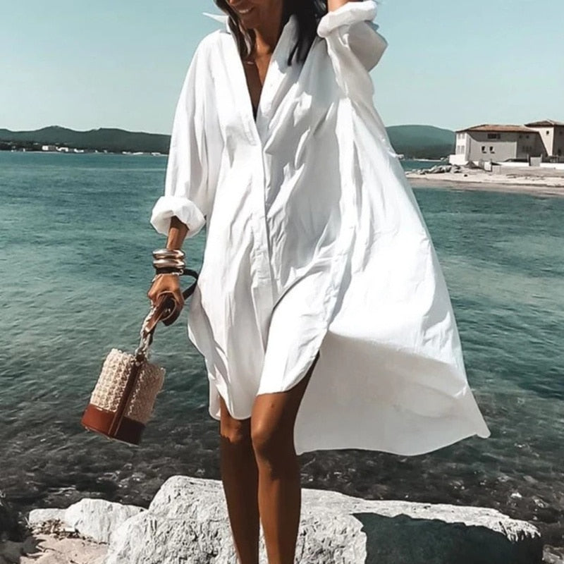 Fashion Women&#39;s Shirts Dress Spring Summer New Casual Printed Lapel Buttons Irregular Dress Beach Long Sleeve Sexy Party Dresses