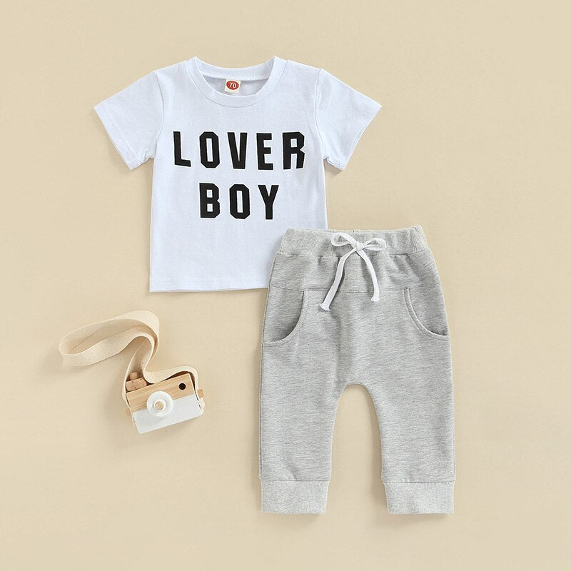 Lover Boy 2pcs Toddler Baby Boys Clothes Sets 0-3Y Letter Printing Short Sleeve T Shirts + Solid Pocket Elastic Pants.