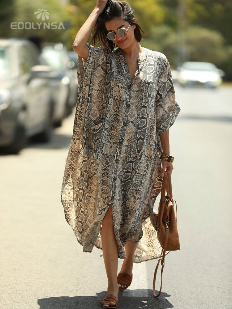 2023 Sexy Cold Shoulder V Neck Bats Sleeve Loose Summer Beach Dress Plus Size Women Beachwear Kaftan Black Dresses Q943