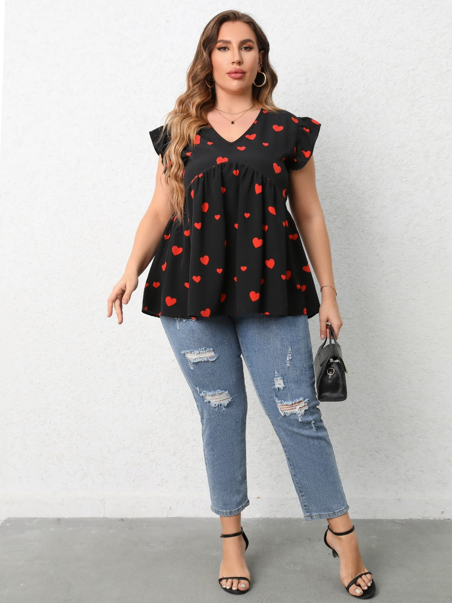 Finjani Plus Size Women T-Shirts Summer Casual Red Heart Print Blouse 2022 Fashion Tee Loose And Breathable Women's Tops