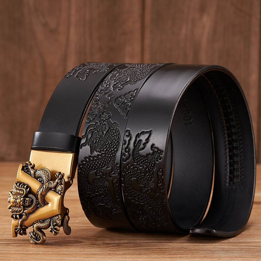 New Male China Dragon Belt Cowskin Genuine Leather Belt for Men Carving Dragon Pattern Automatic Buckle Belt Strap For Jeans