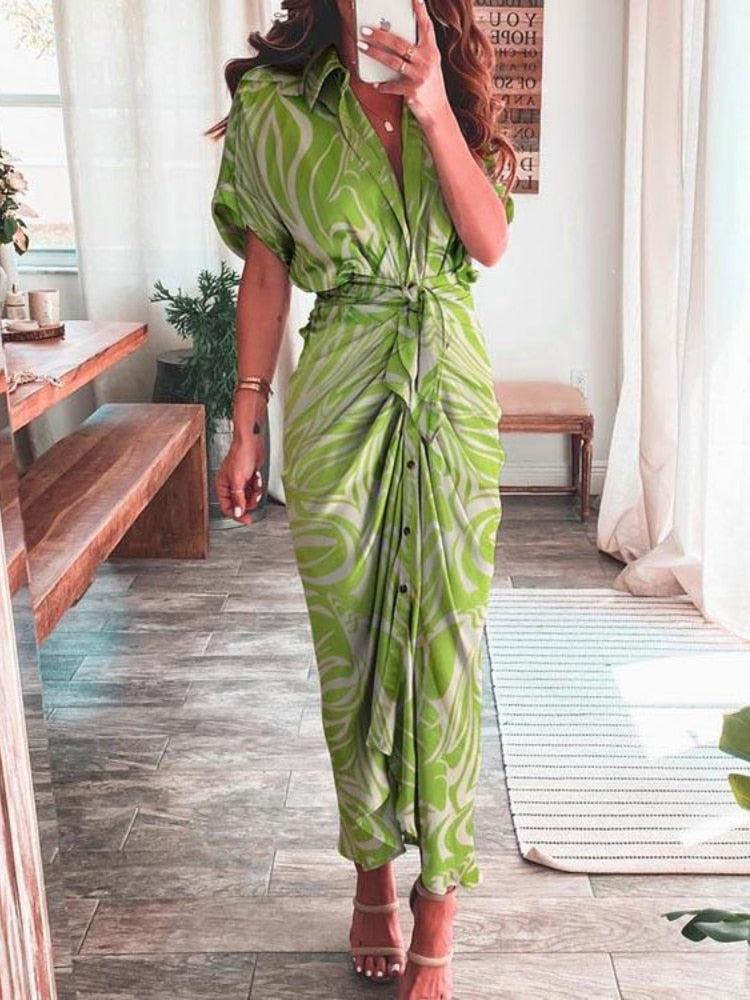 Women Elegant Shirt Dress Summer Fashion Printed Button Ruched Bandage Long Dresses Female Solid V Neck Beach Dress Casual Robe