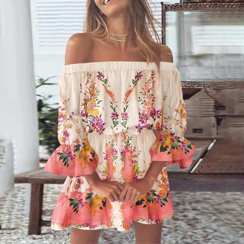 Women Floral Print Mini Dresses 2023 Summer Sexy Off Shoulder Flare Sleeve Tunic Dress Female Casual Boho Beach Dress Vestidos