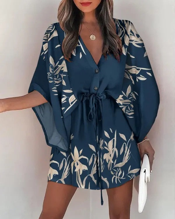 Women Batwing Sleeve Dresses Boho Leaf Print V-Neck Irregular Loose Mini Dress Female Sexy Lace-Up Waist Beach Dress Vestido