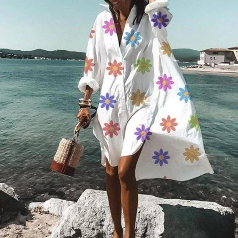 Fashion Women&#39;s Shirts Dress Spring Summer New Casual Printed Lapel Buttons Irregular Dress Beach Long Sleeve Sexy Party Dresses