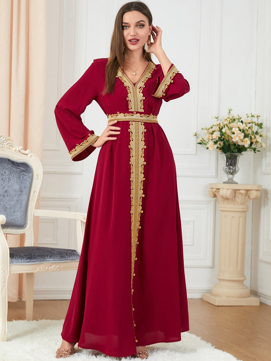 Dresses For Muslim Women Lace Embroidery V-Neck Long Sleeve Party Maxi Dress With Belt Elegant Moroccan Kaftan Turkey Wears